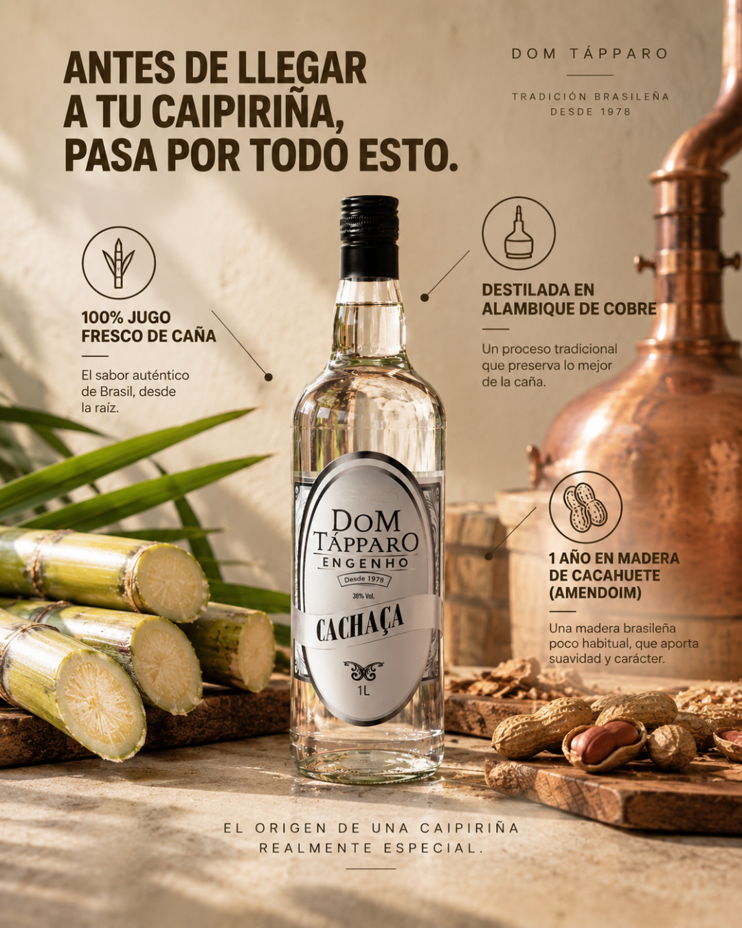 Cachaça Blanca Artesanal · Dom Tápparo | Envejecida en Amendoim (Madera de Cacahuete)