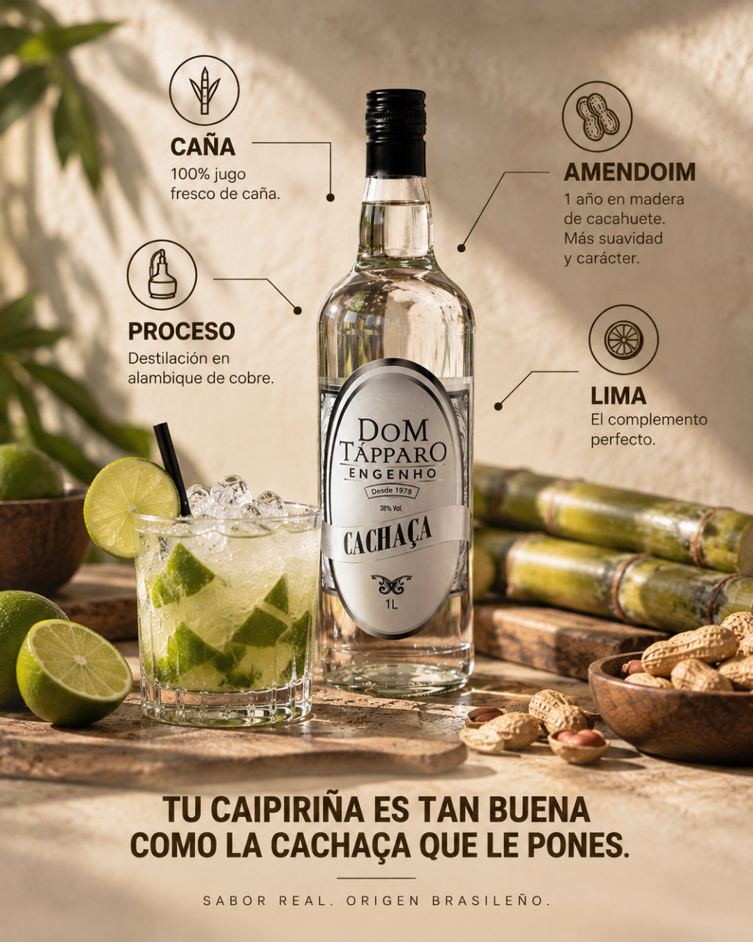 Cachaça Blanca Artesanal · Dom Tápparo | Envejecida en Amendoim (Madera de Cacahuete)